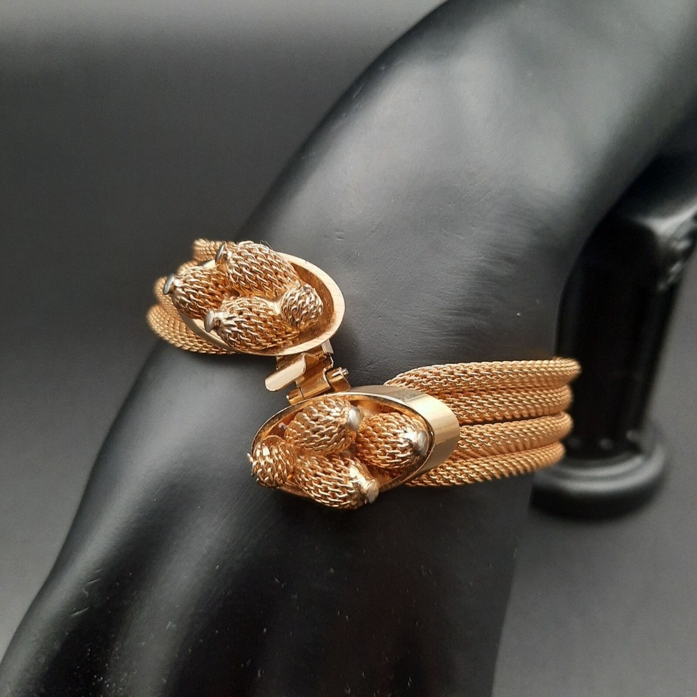Vintage Gold Tone Multi Strand Mesh Bypass Bracelet Textured Finials